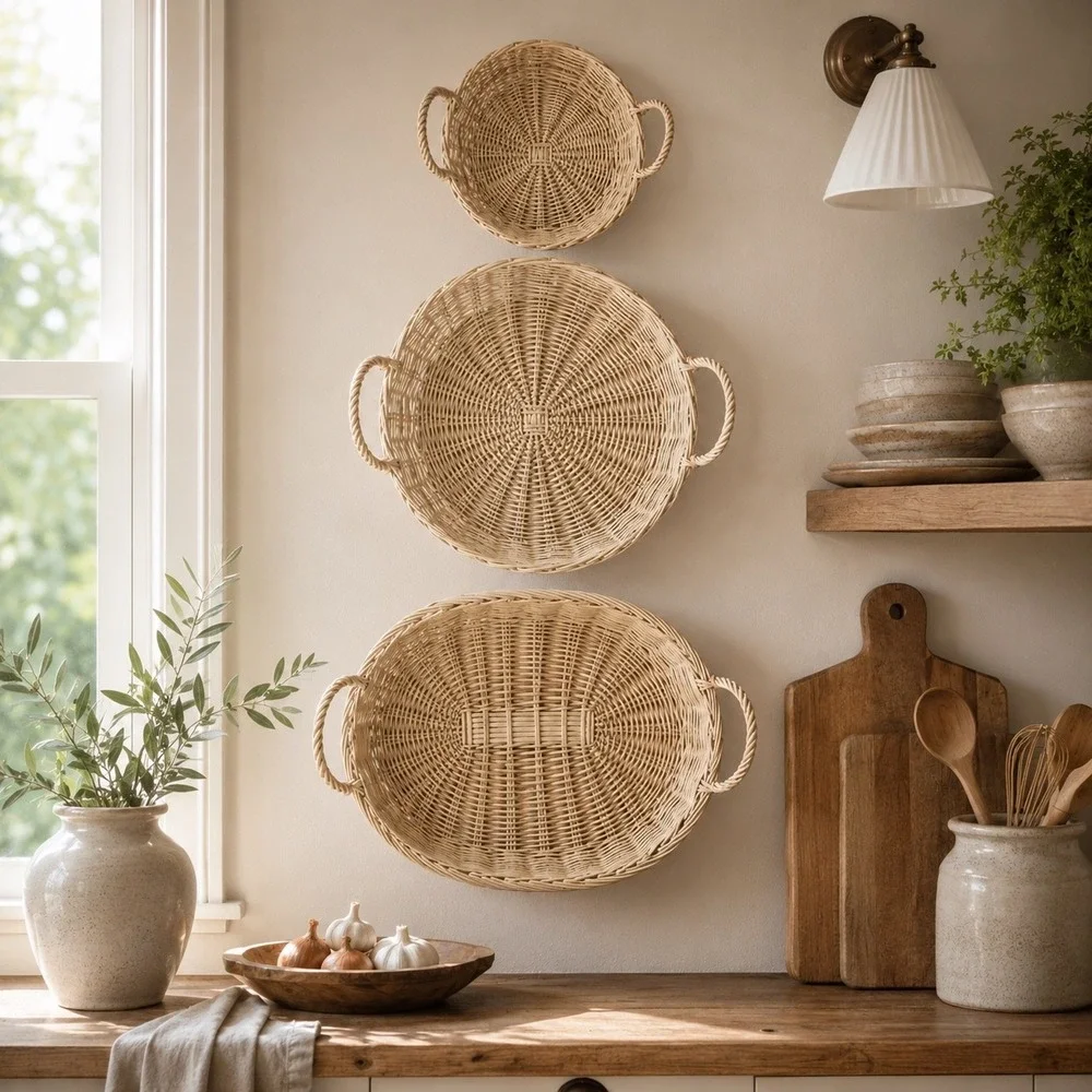 Vintage Wicker Wall Basket Set of 3 English Cottage Kitchen Wall Decor